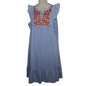 Shein Sleeveless Dress Women Size L 8-10 Blue White Stripe Embroidered Ruffle